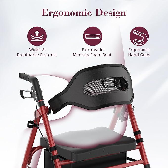 Walkers for Seniors, Foldable Rollator Walker with Seat, 8" Big Wheels, Lightweight Rollator Walker with Ergonomic Backrest, Adjustable Handles and Seat Height, 310 Lbs Weight Capacity, Red