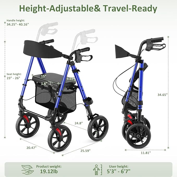 WALK MATE Walkers for Seniors, Rollator Walker with Seat 4 x10 Inch Big Wheels, Foldable All Terrain Rolling Walker, Lightweight Mobility Aid with Adjustable Height, 350lb Weight Capacity, Blue