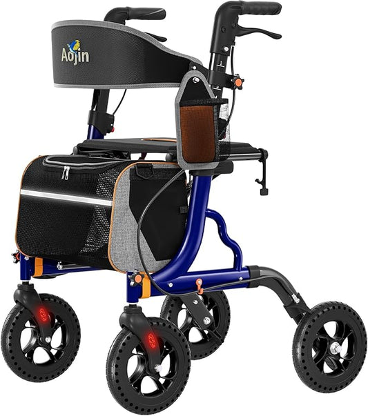 Rollator Walker for Seniors with Seat, Lightweight & Foldable, 8" All-Terrain Wheels, 18" Big Seat, 6-Level Adjustable Height Rolling Walker, 350 lb Capacity, Blue