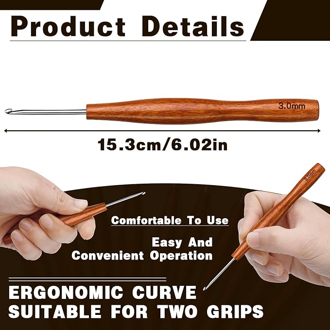 Nitlak 3mm Crochet Hook, Available in 1.5mm-6.0mm, Aluminum Ergonomic Crochet Hook with Wooden Handle for Arthritic Hands, Beginners, Knitting Needles for Mom Gifts