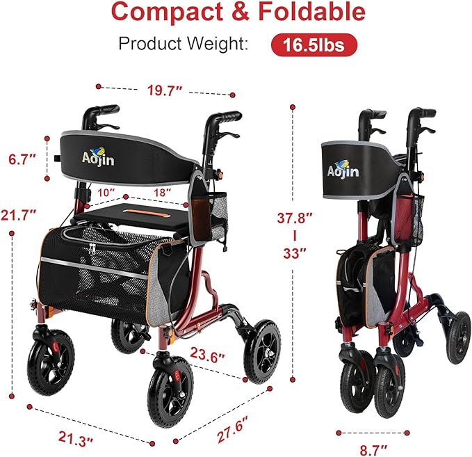 Rollator Walker for Seniors with Seat, Lightweight & Foldable, 8" All-Terrain Wheels, 18" Big Seat, 6-Level Adjustable Height Rolling Walker, 350 lb Capacity, Burgundy
