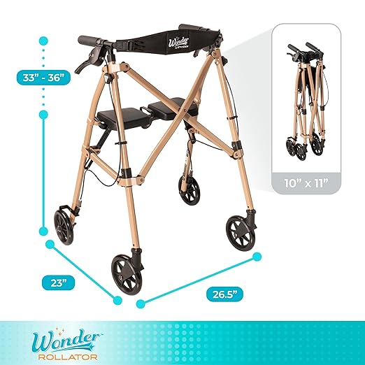 Stander Space Saver Rollator, Lightweight Folding Rolling Walker with Seat for Seniors & Adults, 4-Wheel Mobility Aid with 6-inch Wheels, Locking Brakes & Padded Seat with Backrest, Desert Sand