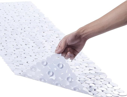 Bath Shower Mat Non Slip: Extra Large Pebble Bathtub mat for Kids, Elderly, Anti Slip Shower Matt with Drain Holes Suction Cups Tub Mat - 16 X 40 Inch White