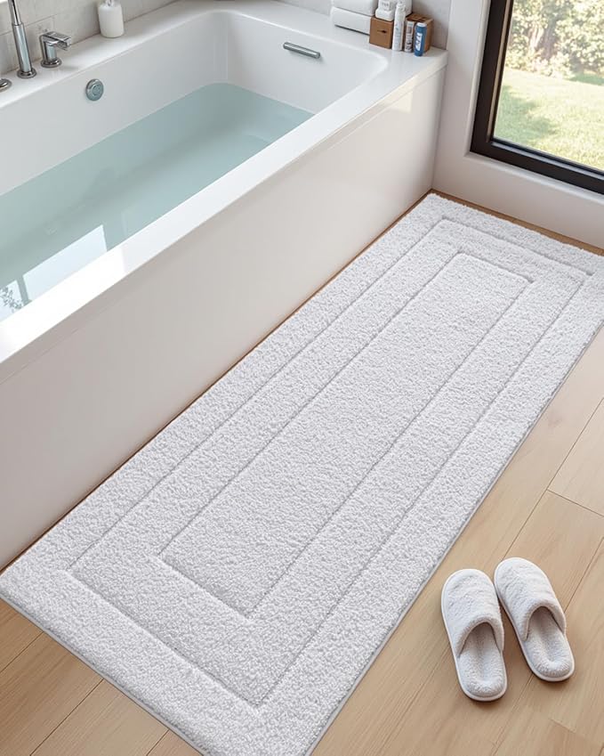 DEXI Bathroom Rug 72x24, Non Slip Washable Bath Mat Runner for Shower Floor, Extra Long Absorbent Soft Bathmat with Rubber Backing, Quick Dry Microfiber Carpet, White