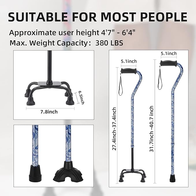 Walking Cane for Women & Men, Adjustable Quad Cane with 4-Prong Base for Stability and Balance, Folding Aluminum Walking Stick for Seniors