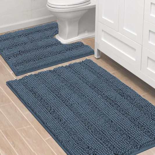 H.VERSAILTEX Bathroom Rug Sets 2 Piece Bath Mats Non Slip Thick Soft Chenille Striped Bath Rug achine Washable Shower Floor Rugs for Tub, Shower and Floor (Blue Indigo, 36"x24" Plus 20"x24" U)