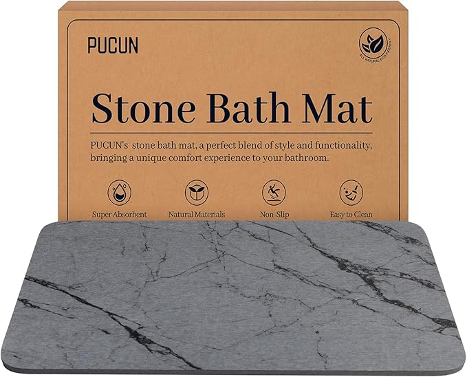 Stone Bath Mat Quick Dry Bath Stone Mat for Bathroom Floor Diatomaceous Earth Diatomite -Super Absorbent,Natural, Easy to Clean Grey