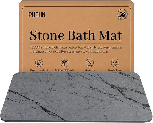 Stone Bath Mat Quick Dry Bath Stone Mat for Bathroom Floor Diatomaceous Earth Diatomite -Super Absorbent,Natural, Easy to Clean Grey