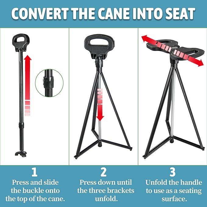 ALEVMOOM Walking Cane with Seat Folding Lightweight, 2-in-1 Cane Stool for Adults, Aluminum Walking Stick with Seat, Portable Stool for Senior, with Carry Bag