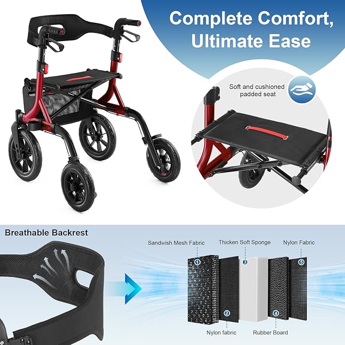 Walkers for Seniors, Rollator Walker with Seat, 12" Big Rubber Wheels All Terrain Rollator Walker with Backrest, Built-in Cable, Cup Holder, Foldable and Height Adjustment for Seniors, Red