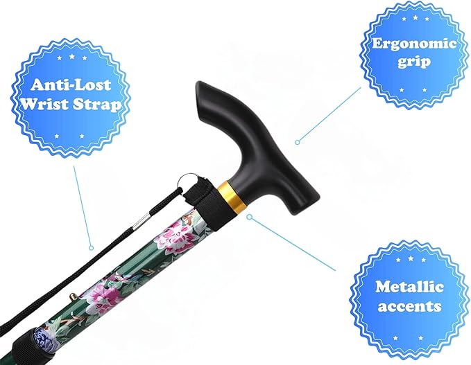 Folding Lightweight Walking Stick - Adjustable Aluminum Metal Collapsible Travel Cane with Non-Slip Rubber Base