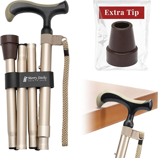 Merry Sticks Lightweight Foldable Walking Canes for Women and Men, Adjustable & Collapsible Walking Stick for Seniors, Non-Slip Ergonomic Handle with 1 Extra Replacement Cane Tip – Champagne Gold