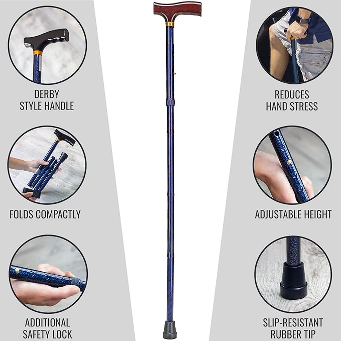 DMI Sports Walking Cane or Stick, Foldable Cane for Men, Women, Seniors and Handicapped Adjusts from 33-37" in 1 inch increments with Ergonomic Wood Handle,Supports up to 250 Pounds