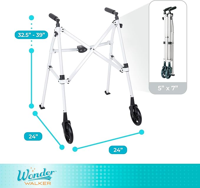 Stander Space Saver Walker, Lightweight Folding Rolling Mobility Aid for Seniors & Adults, Compact 2-Wheel Disability Device with 6-inch Wheels & Ski Glides for Walking Support, Vivid White