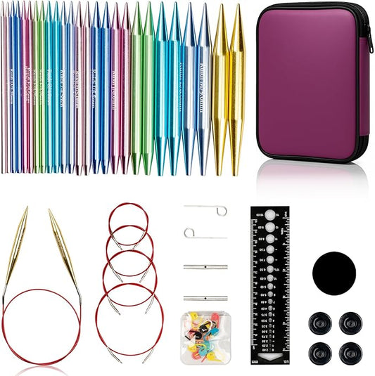 Ruidi Interchangeable Aluminum Circular Knitting Needles Set - 13 Pairs of 4 Inch (10cm) Needles with 4 Cables, Needle Holders & Leather Bag - Perfect for Smooth Knitting & Versatile Projects