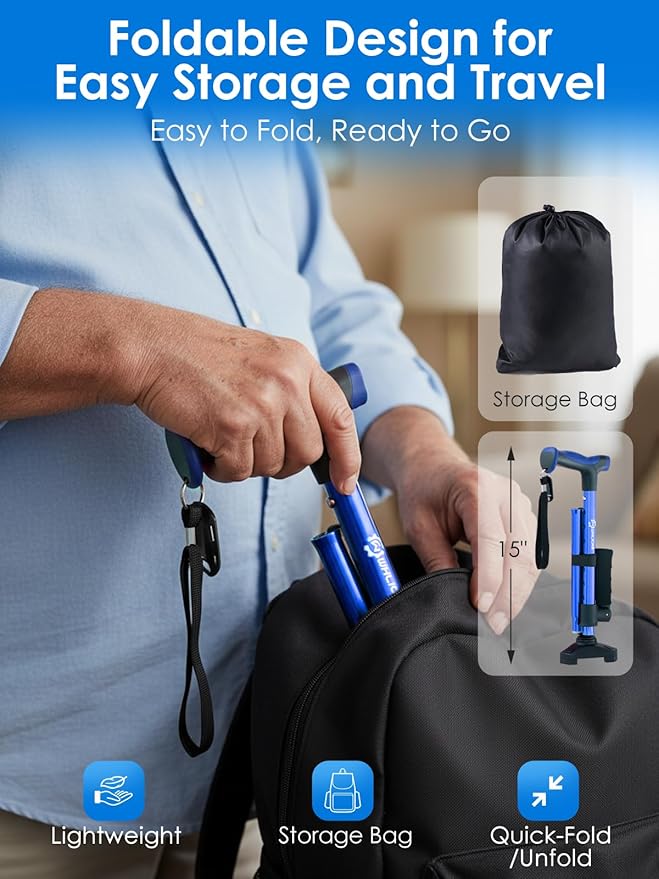 Adjustable Walking Cane for Women & Men for Stability, Self Standing Cane with Second Handle for Standing, 350lbs Heavy Duty Foldable Collapsible Folding Cane, Walking Sticks for Seniors & Adult