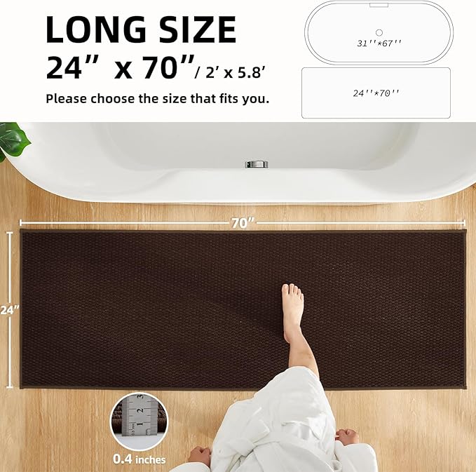 Bathroom Runner Rugs, Long Bath Mat Runner Washable Thin Quick Dry Low Pile Bathroom Runner Rugs Non Slip, Brown 24"x70"