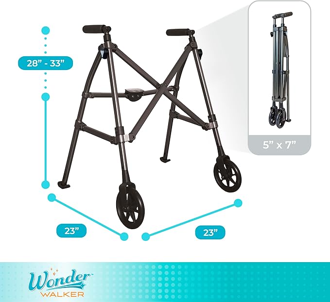 Stander Space Saver Walker Short, Lightweight Folding Rolling Mobility Aid for Juniors & Petite Adults, Compact 2-Wheel Disability Device with 6-inch Wheels & Rear Ski Glides, Black Walnut