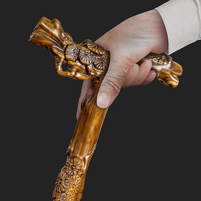 Wooden Walking Cane, Hand-Carved Wood Walking Cane for Men and Women, with Massage Function Support up to 500lbs, High-end Canes for Seniors Suitable for Gift Giving