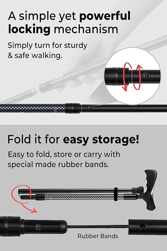 Ergo Walking Cane for Men & Women - Adjustable Foldable Walking Stick (Right-Handed Black Cane)