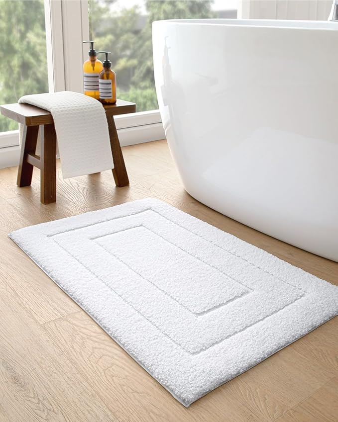 DEXI Bathroom Rug 24x16, Non Slip Washable Bath Mat for Shower Floor, Absorbent Soft Bathmat with Rubber Backing, Quick Dry Microfiber Carpet, White
