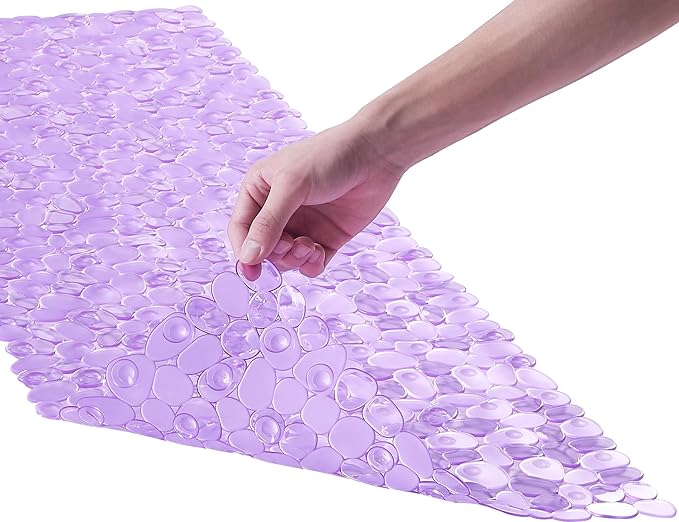 Bath Shower Mat Non Slip: Extra Large Pebble Bathtub mat for Families, Anti Slip Shower Matt with Drain Holes Suction Cups Tub Mat - 16 X 40 Inch Clear Purple