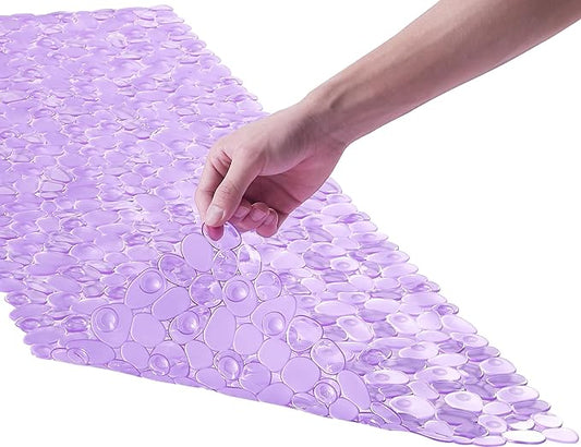 Bath Shower Mat Non Slip: Extra Large Pebble Bathtub mat for Families, Anti Slip Shower Matt with Drain Holes Suction Cups Tub Mat - 16 X 40 Inch Clear Purple