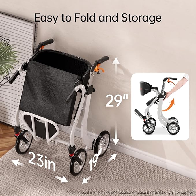 Rollator Walkers for Seniors with Seat, Foldable Lightweight Rolling Walker with 8" All Terrain Wheels, Height Adjustable 2 in 1 Walker Wheelchair Combo with Brake, No Installation, White