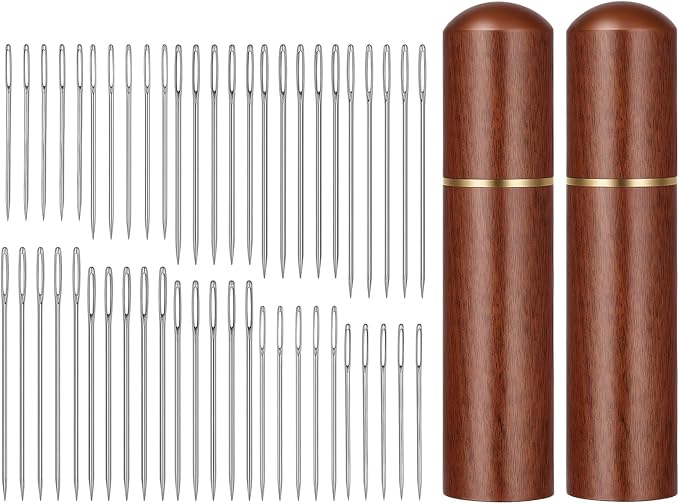 50 Pcs Large Eye Sewing Needles, 5 Sizes Embroidery Blind Needles Kit with Wooden Needle Box, Stainless Steel Yarn Knitting Needles for DIY Sewing Projects