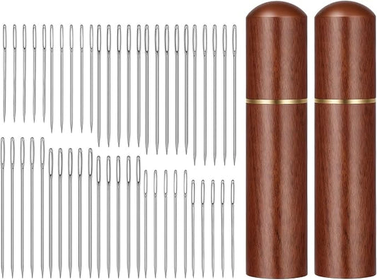 50 Pcs Large Eye Sewing Needles, 5 Sizes Embroidery Blind Needles Kit with Wooden Needle Box, Stainless Steel Yarn Knitting Needles for DIY Sewing Projects