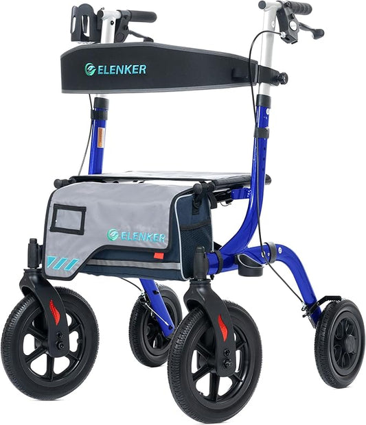 ELENKER All-Terrain Rollator Walker with Seat, Outdoor Rolling Walker, 12” Non-Pneumatic Tire Front Wheels, Compact Folding Design for Seniors, Blue