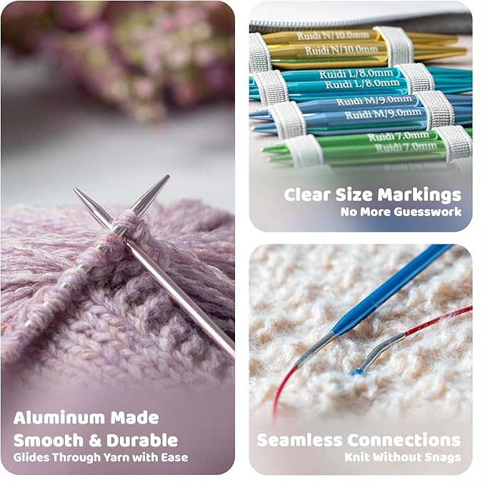 Ruidi Interchangeable Aluminum Circular Knitting Needles Set - 13 Pairs of 4 Inch (10cm) Needles with 4 Cables, Needle Holders & Leather Bag - Perfect for Smooth Knitting & Versatile Projects