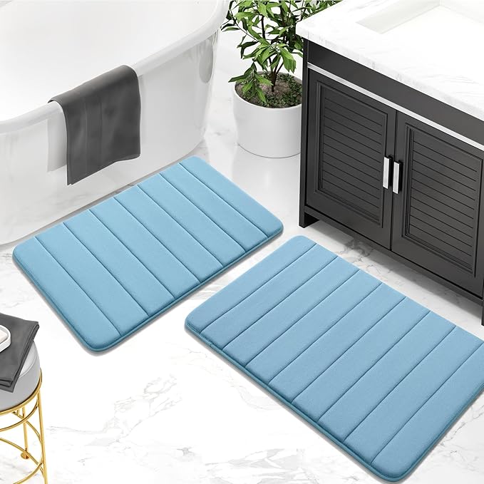 Buganda Memory Foam Bath Mat, 34" x 20", Ultra Soft and Non-Slip Bathroom Rugs, Water Absorbent and Machine Washable Bath Rug for Bathroom, Shower, and Tub, Blue