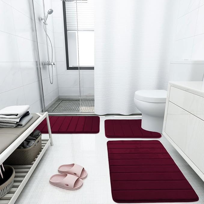 Buganda Memory Foam U-Shaped Contour Toilet Rugs, Non Slip Absorbent, Thick Soft Washable Bathroom Mat, Floor Carpet Bath Rugs Mat for Toilet Base (24" x 20", Burgundy)