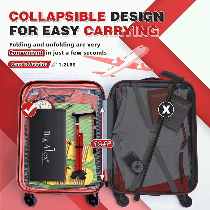 BigAlex Lightweight Collapsible Walking Cane with Soft Comfortable TPR Handle for Seniors and Elderly Adults, Larger Handle for Comfort, Adjustable Support Stick, Portable Travel Aid for Men & Women