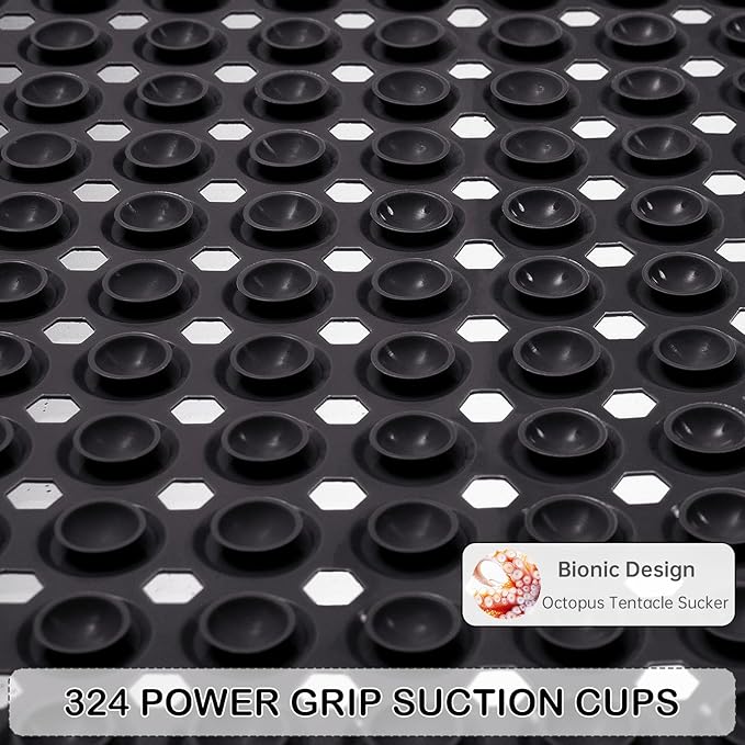 Linoows Non-Slip Bathtub and Shower Mats, Power Grip Bath Mat 35 x 16.3 Inch with Suction Cups and Drain Holes for Tub Bathroom Floor Safety, Machine Washable Soft Bathmat, Black