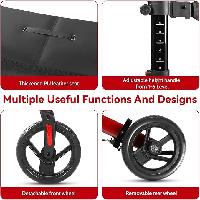Rollator Walkers for Seniors, 10" Big Rubber Wheels All Terrain Rollator Walker with Adjustable Backrest and Handles, 350 Lbs, Cup Cane Holder, Foldable Lightweight Walker with Seat for Seniors Red