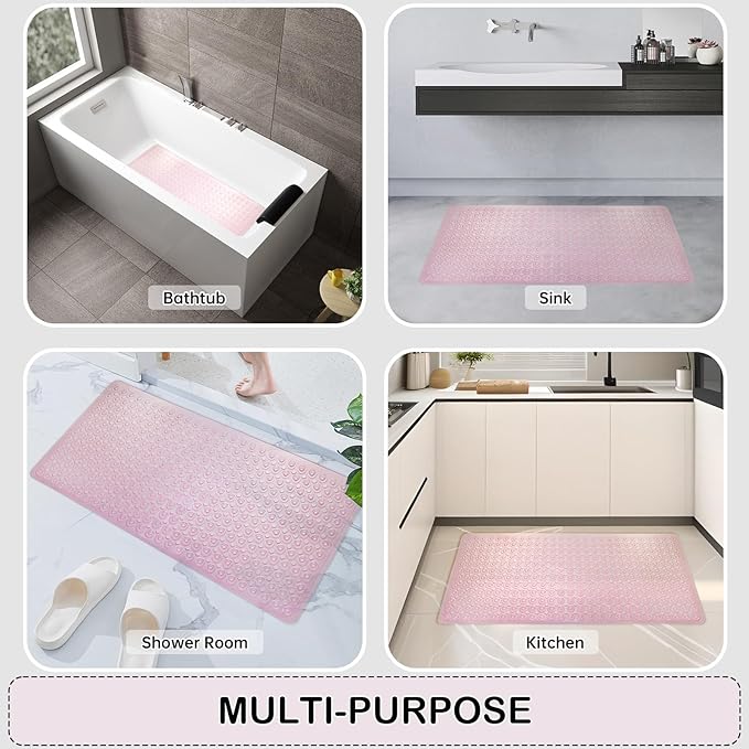 Linoows Non-Slip Bathtub and Shower Mats, Power Grip Bath Mat 35 x 16.3 Inch with Suction Cups and Drain Holes for Tub Bathroom Floor Safety, Machine Washable Soft Bathmat, Clear Pink