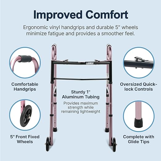 Lumex ColorSelect Walkers for Seniors, Rolling & Folding Adult Walker with Wheels, Pink