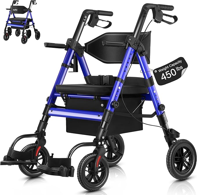 Walkers for Seniors,Heavy Duty Rollator Walker Wheelchair Combo, 2 in 1 Rollator Transport Chair with Brakes, 450 lb Rolling Walker 10" Big Wheels for All Terrain, Blue