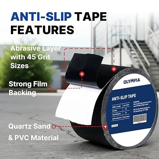 NORTHSKY Olympia 4 Inch x 60 Foot Anti Slip Tape, 45-Grit Friction, Non-Slip Traction Grip for Stairs, Waterproof Grip Tape Safety Non Skid Tape for Steps Anti-Slip Traction Tape Black