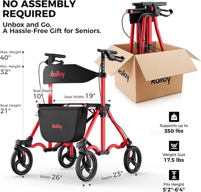 Rollator Walkers for Seniors with Seat, Lightweight Ultra-Compact Travel Rolling Walker, 350lbs Capacity, Heavy-Duty Extra-Wide Seat, Easy Folding, Height Adjustable for Tall Over 6ft, 8" Big Wheels