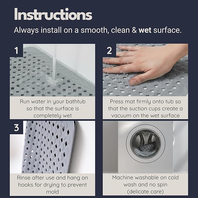 homerella® Bathtub Mat Non Slip 35x16, Incl. Hooks for Drying, Extra Long, 100% BPA Free, Shower Mat Non Slip Anti Mold, Machine Washable, Shower Mats for Inside Shower Mildew Resistant
