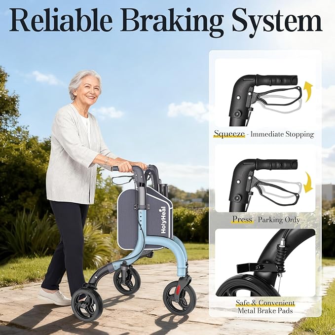 3 Wheel Walkers for Seniors, Lightweight Rollator Walkers Foldable for Elderly with Cane Hold and Cup Hold, Height Adjustable Aluminum Three Wheel Rolling Walker Mobility Aid, Blue