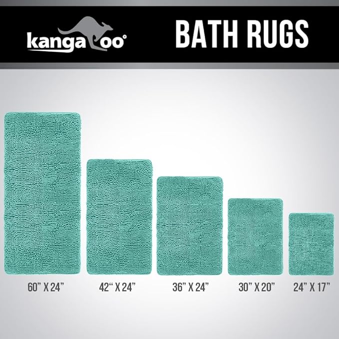 KANGAROO Bathroom Rugs, Chenille Soft Absorbent Bath Rug, Shaggy Shower Mat, Quick Dry Machine Wash Bathmat, Plush Carpet Mats for Tub, Bathtub and Room Home Decor Accessories, 24x17, Turquoise