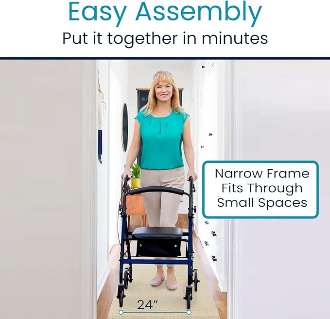 Vive Ultra Lightweight Rollator Walker with Seat - Foldable, Narrow, Rolling Senior Walker for Small Spaces - 4 Wheel Aluminum Adult Easy Drive Aid with Underseat Accessory - Weighs Only 14 Lbs