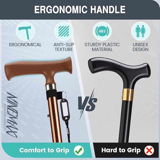 NINEMAX Walking Cane for Men Women Seniors, Foldable Collapsible Adjustable Free Standing T Handle Walking Stick, Lightweight Sturdy Folding Cane Portable for Stable and Balance