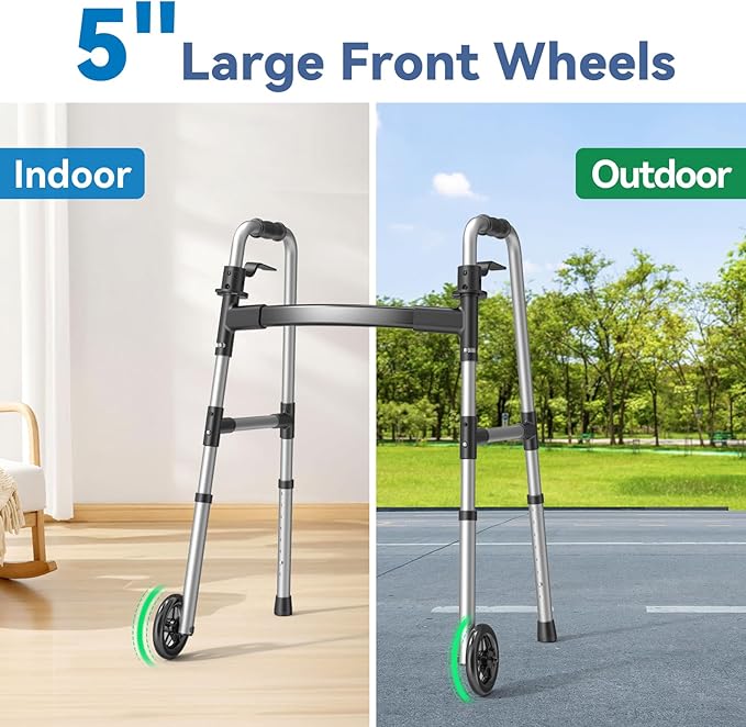 Folding Walker with 2 Skis and 5" Wheels, Lightweight Walkers for Seniors and Adults, Supports Up to 350 Pounds, Adjustable Height, Compact Standard Walker, Black