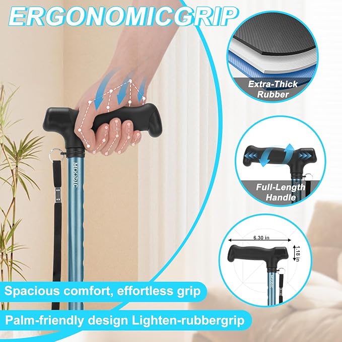 Walking Cane for Men and Women, Extended Grip; Solid Base; Foldable; Adjustable Heights; Lightweight; Free Standing; Portable Canes for Seniors Heavy Duty (Blue)