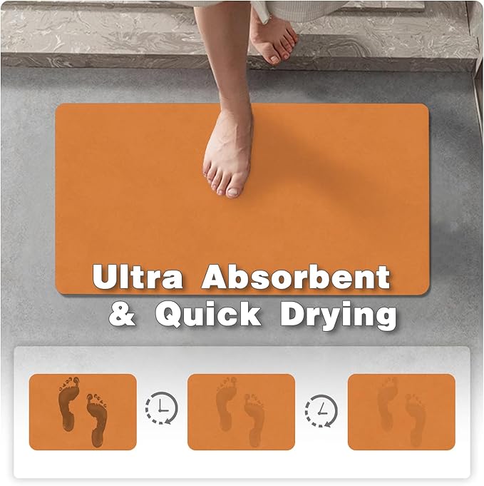 Bathroom Mat Quick Dry, Bathroom Rugs Non Slip Washable Thin Absorbent Bath Mat Fits Under Door Bathroom Floor Mat Perfect for Bath, Shower, or Sink 16"x24" Orange